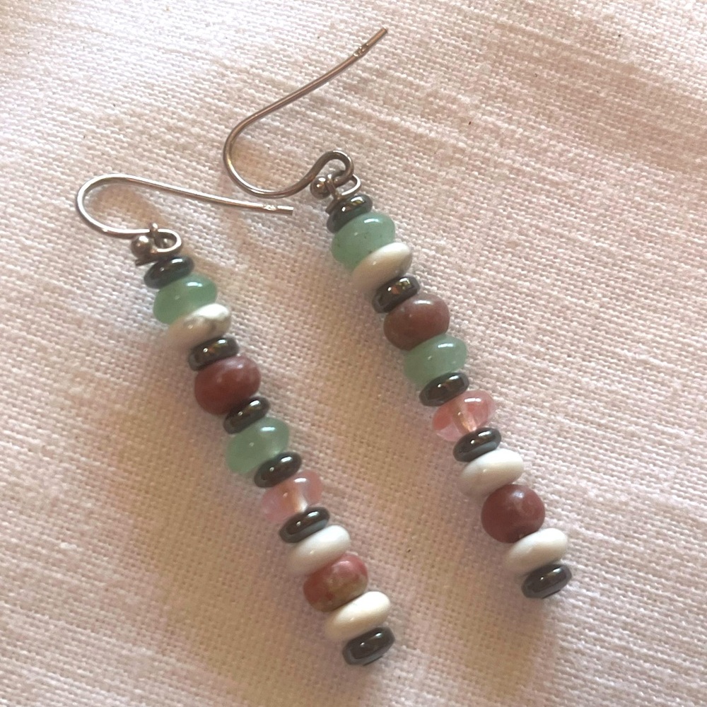 Sterling Silver Navajo Style Multi-Color Gemstone Beaded Dangle Earrings